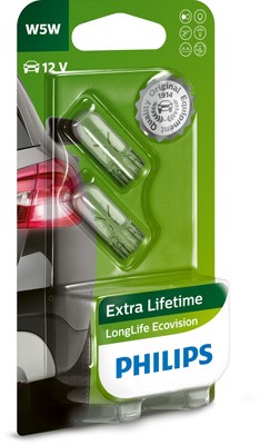 Polttimo PHILIPS LongLife EcoVision W5W W2,1x9,5d, Takana, Edessä Philips