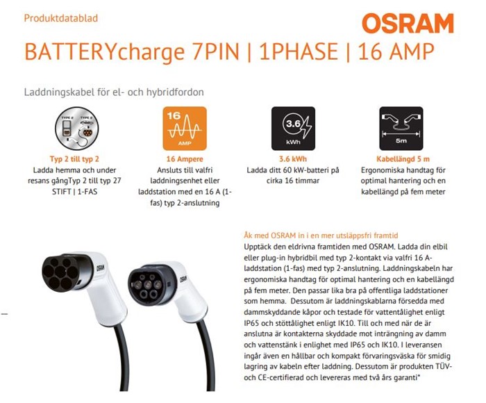 Latauskaapeli Osram Typ 2 16A, Fas-1 OSRAM OSRAM