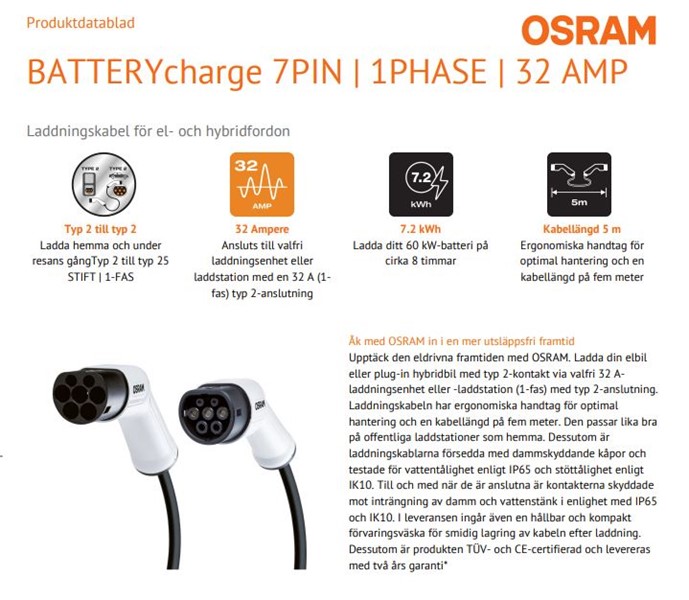Latauskaapeli Osram Typ 2 32A  1-Fas 5M 7.2 Kw 240V OSRAM OSRAM