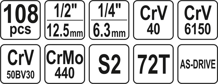 Hylsyavainsarja 108pcs 1/4" & 1/2" YATO Yato Hylsyavainsarja 108pcs 1/4" & 1/2" YATO Yato