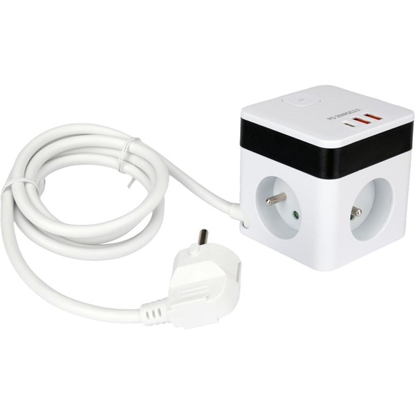Kuutionmuotoinen jatkopistorasia USB:llä 3-paikkainen 1,5 m STHOR STHOR