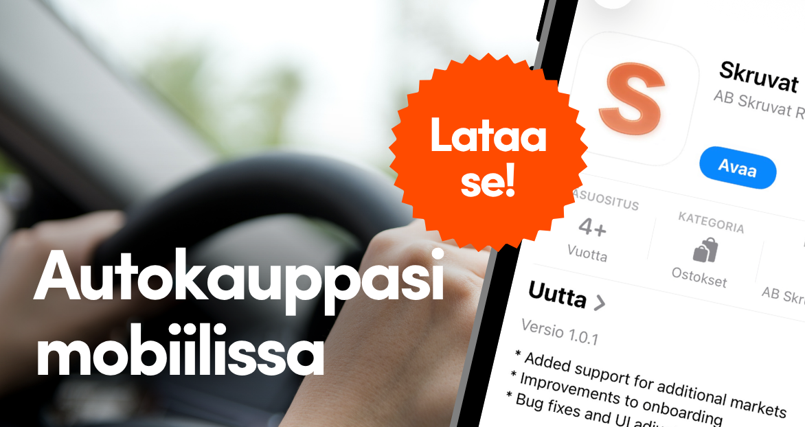Banneri Skruvat-sovellukselle – kaikki autoon liittyvä suoraan puhelimeen. Lataa App Storesta tai QR-koodilla.