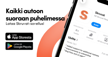 Banneri Skruvat-sovellukselle – kaikki autoon liittyvä suoraan puhelimeen. Lataa App Storesta tai QR-koodilla.