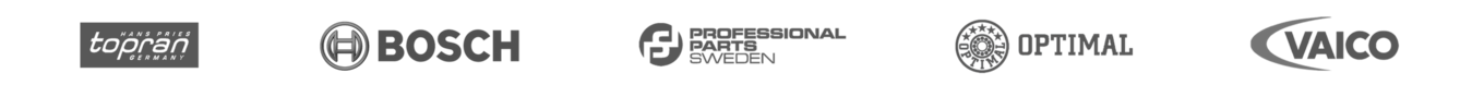 Moottorinohjauksen ja moottorinosien valmistajien logot: Topran, Bosch, Professional Parts Sweden, Optimal, Vaico