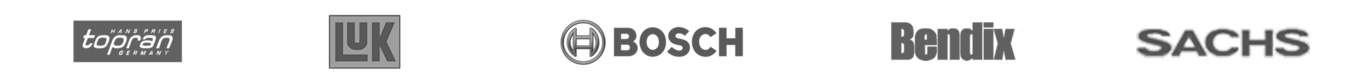 Voimansiirto- ja vaihteisto-osien valmistajien logot: Topran, LUK, Bosch, Bendix, Sachs
