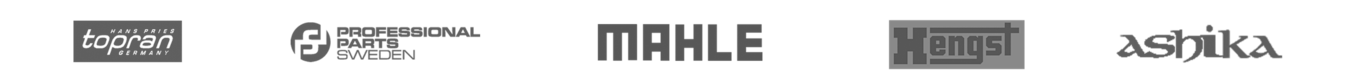 Suodattimien ja huoltokomponenttien valmistajien logot: Topran, Professional Parts Sweden, Mahle, Hengst, Ashika