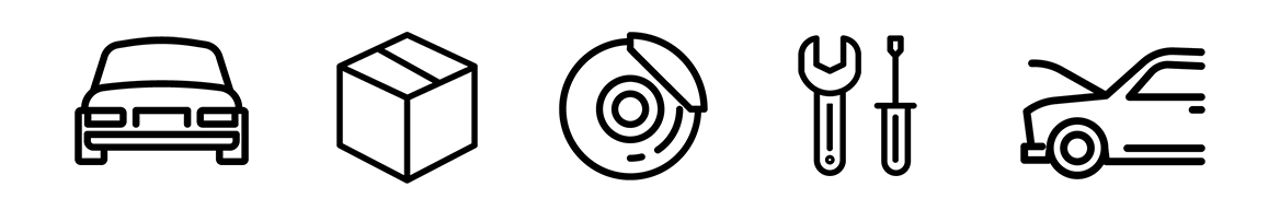Kuvake, jossa auton etuosa, paketti, jarrulevy, työkaluja ja avoin konepelti – symboli autoserviceen ja varaosiin